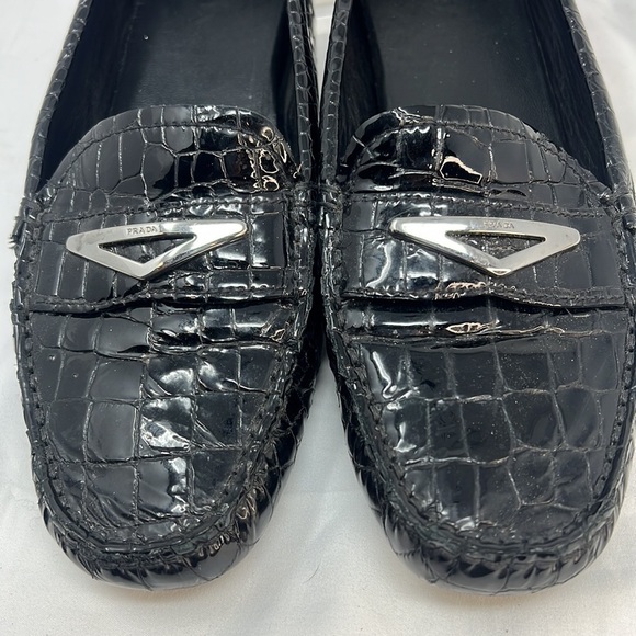 Prada Sz 9.5 Black Crocodile Embossed Patent Leather Driving Moccasins Loafers - Picture 4 of 11